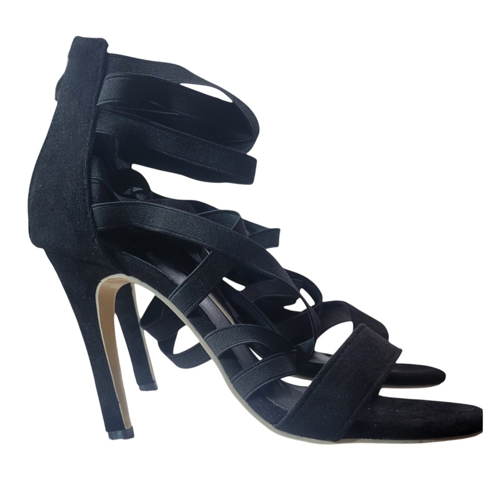 Unbranded Strappy Gladiator Sandals Womens 39 Black Faux Suede Stiletto Zip Heel